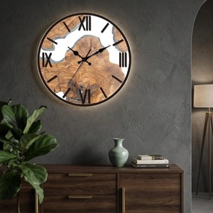 Horloge murale ronde en bois rustique, analogique, à quartz, silencieuse, décoration de salon - Product Image 2