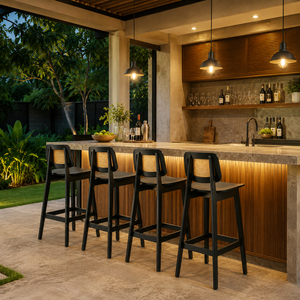 Chaise de bar en teck et rotin de style farmhouse, avec accoudoirs fixes, design moderne, finition noire, usage commercial, mobilier de bar - Product Image 5