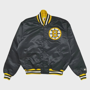 Chaqueta Varsity de Satén de los Boston Bruins para Hombre, Negra y Amarilla, con Logotipo Bordado, Cuello Camisero, Ropa Casual de Otoño - Product Image 1