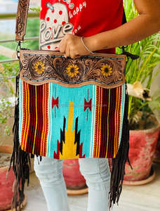 Vente chaude Western Aztec Sac En Cuir Outillé Vintage Multi Couleur Sac À Main Femmes Élégant Outillage Bracelet En Cuir Grande Taille Sac À Bandoulière - Product Image 3