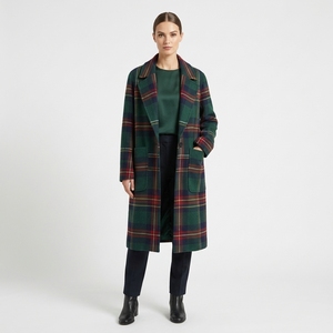 Green Plaid Wool Trench <b>Coat</b> Long Notched Collar Patch Pockets <b>Winter</b> Women's Outerwear Casual Full Sleeve <b>Thick</b> Warm <b>Coat</b> - Product Image 2