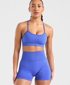 Ensemble 2 pièces sportif tricoté bleu uni sans coutures pour femme, avec soutien-gorge dos nu et short taille haute au-dessus du genou, respirant, idéal printemps-été - Product Image 1