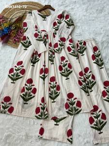 Ensemble Kurti-Pant en coton de qualité supérieure avec motif imprimé, manches longues, col rond, prêt-à-porter, fabriqué en Inde. - Product Image 6