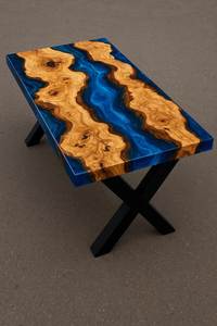 Table à manger moderne en résine à bord naturel, plateau en époxy bleu, faite à la main, durable, forme rectangulaire, personnalisable, pour atelier et entrepôt - Product Image 2