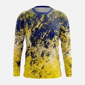 Haut à manches longues pour homme, protection UPF 50, séchage rapide, imprimé par sublimation, camouflage jaune et bleu, pour la pêche - Product Image 1