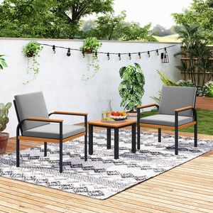 ชุดโต๊ะพูดคุยกลางแจ้ง 3 ชิ้น โต๊ะและเก้าอี้ไม้กระถินพร้อมเบาะรองนั่ง เฟอร์นิเจอร์กลางแจ้งสำหรับระเบียง ชานบ้าน และสวน - Product Image 6