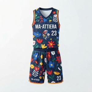 Ensemble short et maillot de basket floral bleu marine pour homme, sans manches, col en V, imprimé intégral, uniforme de sport personnalisé - Product Image 4