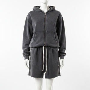 Glory Custom Wholesale Heavyweight Cotton Vintage Stone Acid Wash Cropped Boxy <b>Zip</b> up Hoodie and Sweat <b>Shorts</b> Set - Product Image 5