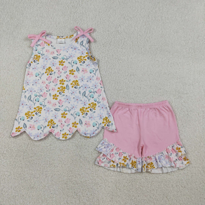 Ensemble d'été pour bébés filles, hauts sans manches à fleurs et à volants, short rose à volants - Product Image 1