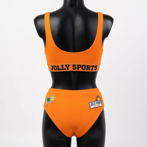 Ensemble de bikini orange en polyester de haute qualité, maillot de bain extensible, patch brodé personnalisé, logo thermocollant, ensemble de bikinis pour femmes - Product Image 2