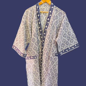 Blue White Printed Cotton <b>Kimono</b> Robe 100 Percent Cotton Boho Style With Stripe Design <b>Belt</b> Premium Bulk Spa And Hotel Robes - Product Image 1