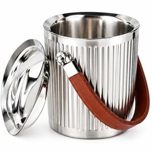 Seau à glace de luxe en acier inoxydable et cuir de vachette avec couvercle et pinces, seaux à glace métalliques à double paroi pour bar, hôtel et fournitures de bar. - Product Image 5