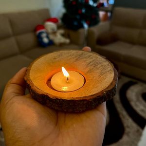 Rustic Wooden <b>Tea</b> Light <b>Candle</b> Holders, Natural Wood Slice with Bark Edge, Set - Product Image 1