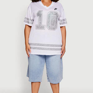 Camiseta de fútbol americano con pedrería para mujer, al por mayor, de poliéster transpirable, cuello en V, estilo urbano, fabricante OEM a granel - Product Image 1