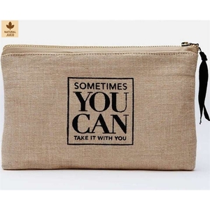 Custom Natural JUCO Jute Cotton Cosmetic Makeup Pouch Bag Foam Lined Zipper Ribbon <b>Puller</b> 20x12 cm Wholesale OEM Private Label - Product Image 1