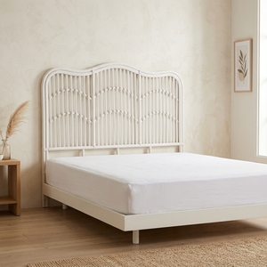 Nueva Base de Cama Moderna Minimalista Blanca con Cabecera Ondulada de Ratán, Mueble de Dormitorio Doble/Queen Ecológico de Madera Tapizado - Product Image 2