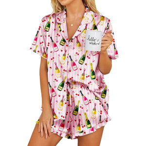 Ensemble de pyjama à manches courtes pour femmes Pyjamas en satin pour femmes Vêtements de nuit imprimés Pyjamas respirants pour le printemps et l'été - Product Image 1
