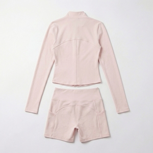 Light Pink <b>Zip</b> <b>Up</b> <b>Jacket</b> & Shorts Set | Long Sleeve Stand Collar Activewear Set | High Waist Shorts | Custom OEM Manufacturer - Product Image 2