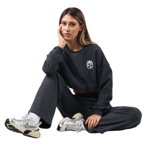 Sweat-shirt court à col rond pour femme, noir chiné, en molleton doux, à manches longues, décontracté, pour le sport et les loisirs, à porter au quotidien - Product Image 3