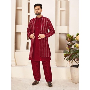 FASHIONABLE BANGLORI <b>SILK</b> MIRROR EMBROIDERY SEQUENCE WORK KURTA PAJAMA WITH KOTI <b>RED</b> - Product Image 1
