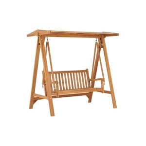 Solid Teak Wood Contemporary Hanging Chair with Sunshade Roof 3-Seater Patio <b>Swing</b> Bench Four-Legged <b>Frame</b> - Product Image 1