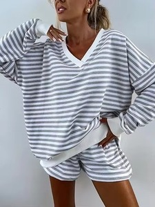 <b>Womens</b> Oversized Striped Knitted Sweatshirt Set Drop Shoulder <b>Long</b> Sleeve V Neck <b>Shorts</b> Summer Casual Wear Autumn Style - Product Image 5
