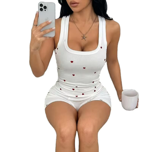 2pcs Women's Tank Top and Short set with Heart Print Ribbed Pajama Set Women's 2pcs Vest and Shorts Set Sleeveless Striped Vest - Product Image 1