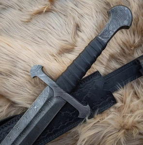 Espada Medieval de Acero de Damasco Pulido a Mano de Doble Cara, Pieza Coleccionable con Funda de Cuero |   Accesorio de Cosplay de Fantasía - Product Image 3