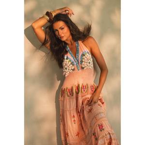Women Pink Boho Embroidered Maxi <b>Dress</b> Halter Neck Floral Mirror Work Beach Party <b>Dress</b> - Product Image 2