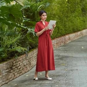 Women Cotton Vintage Loose A-Line Short Sleeve Midi Dress Organic Cotton Custom Plus Size Everyday Wear - Product Image 2