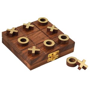 Jeu de Tic Tac Toe en bois avec pièces X O en laiton et billes métalliques, design classique sculpté, plateau pliable - Product Image 2