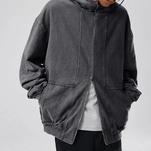 Vente en gros de sweats à capuche pour hommes en molleton bouclette épais, entièrement zippés, avec impression de logo personnalisé, style sportswear, et modèles courts à fermeture éclair - Product Image 4