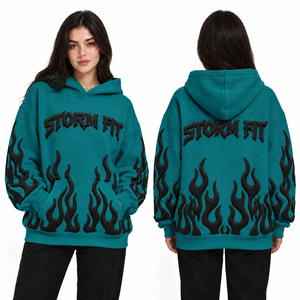 Sudadera con Capucha Extra Grande Personalizada para Mujer, Estampado de Llamas Naranjas, Tejido de Algodón, Ecológica, Resistente al Viento, Estilo Urbano, Invierno - Product Image 2
