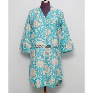 Robe longue 100 % coton pur à imprimé floral, manches cloche, imprimée à la main, col en V, longueur midi, style chemise, pour l'été et les fêtes - Product Image 1