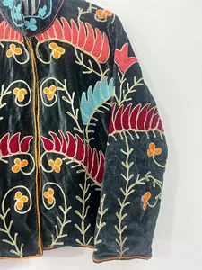 <b>Women</b>’s Traditional Suzani Embroidered <b>Velvet</b> <b>Jacket</b> Multicolor Floral Pattern With Stand Collar Long Sleeves Boho Winter Coat - Product Image 2