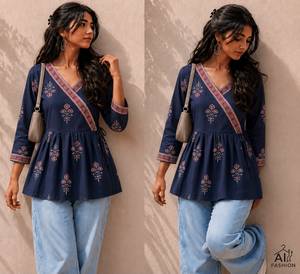 Floral Printed V Neck Short Kurtis Peplum Tunic Style Top <b>Wrap</b> Front Women Indian Pakistani Style Casual Party Wear Tunic - Product Image 3