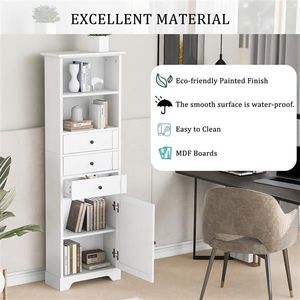 White Tall Storage Cabinet with 3 Adjustable Drawers MDF Board & Painted for Bathroom Kitchen Living Room - Product Image 5