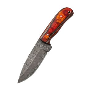 Couteau de chasse à lame fixe en acier Damas de qualité industrielle avec manche en bois de burl d'orange, idéal pour la survie en extérieur et le camping - Product Image 5