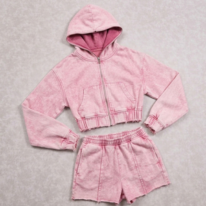 Women's Two Piece Custom Logo <b>Crop</b> Hoodie Short <b>Set</b> <b>Top</b> Selling Customized Women Acid Wash <b>Crop</b> <b>Top</b> Hoodie Short <b>Set</b> - Product Image 5