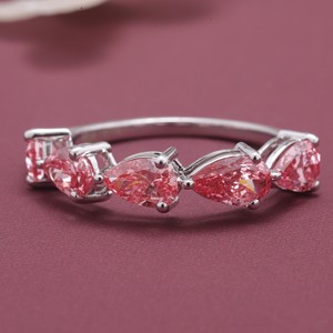 IGI Certified Three Stone <b>Pink</b> Diamond Band <b>Ring</b> with Prong Setting and Claw Setting Pear Cuts Rhodium Plated 18K Gold - Product Image 1