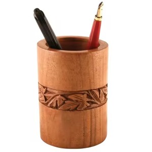 Hot Selling Wooden Carved Pen Holder Round <b>Rustic</b> Storage Organizer for Office <b>Desk</b> Decorative Use Pen Holder - Product Image 1