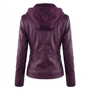 Veste à capuche en cuir PU violet pour femme, style motard, fermeture éclair, coupe-vent, manches longues - Product Image 4