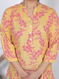 Hermosa Túnica Corta Informal de Encaje Floral Amarillo Sol para Mujer, 100% Algodón, Mangas Tres Cuartos, Cuello con Botones para Uso Diario - Product Image 5