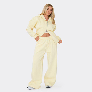 Women's Yellow Fleece Hooded Tracksuit Set Loose Fit Full Length Casual Two Piece Sweatshirt And Pants - Product Image 1