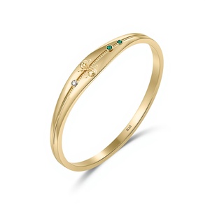 Modern Minimal 14K Solid Gold Slim <b>Bangle</b> <b>Bracelet</b> with Emerald and White Diamond Accents Fine Jewelry for Women - Product Image 5