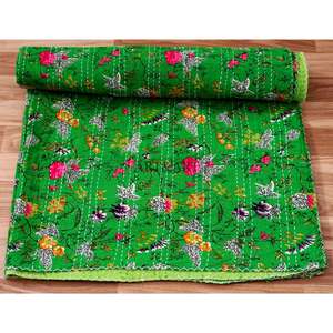 Hand-Stitched Reversible Kantha <b>Throw</b> High Quality Comfortable Floral Block Printed 100% Cotton Eco-Friendly All-Season <b>Quilt</b> - Product Image 4