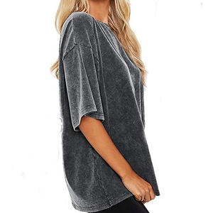T-shirt ample à épaules tombantes pour femme, couleur unie, en coton lavé, coupe décontractée, manches courtes, col rond, respirant, haut décontracté pour le printemps - Product Image 2