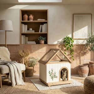Cuccia per Animali Domestici in Cedro Certificato FSC con Tetto Trasparente e Intaglio Floreale, Rifugio Interno per Gatti e Cani di Piccola Taglia 24*22*32 - Product Image 4
