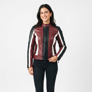 Chaqueta de cuero para mujer, estilo racer, con cuello alto, manga larga, cremallera, impermeable, corte ajustado, de cuero genuino - Product Image 2
