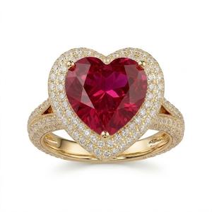 Anillo de compromiso de oro macizo de 18 quilates grabado con forma de corazón, halo de rubí natural y diamantes, con banda de tallo dividido, anillo de gema de rubí, regalo - Product Image 1